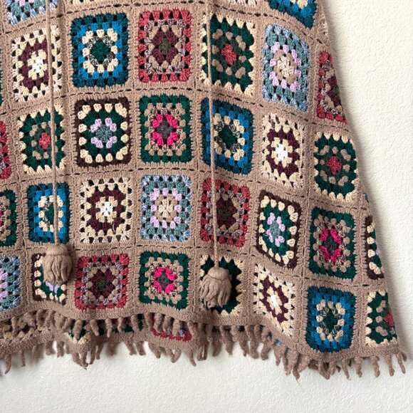 Boho Wool Blend Granny Square Colorful Crochet Poncho Sweater Top - Picture 3 of 11